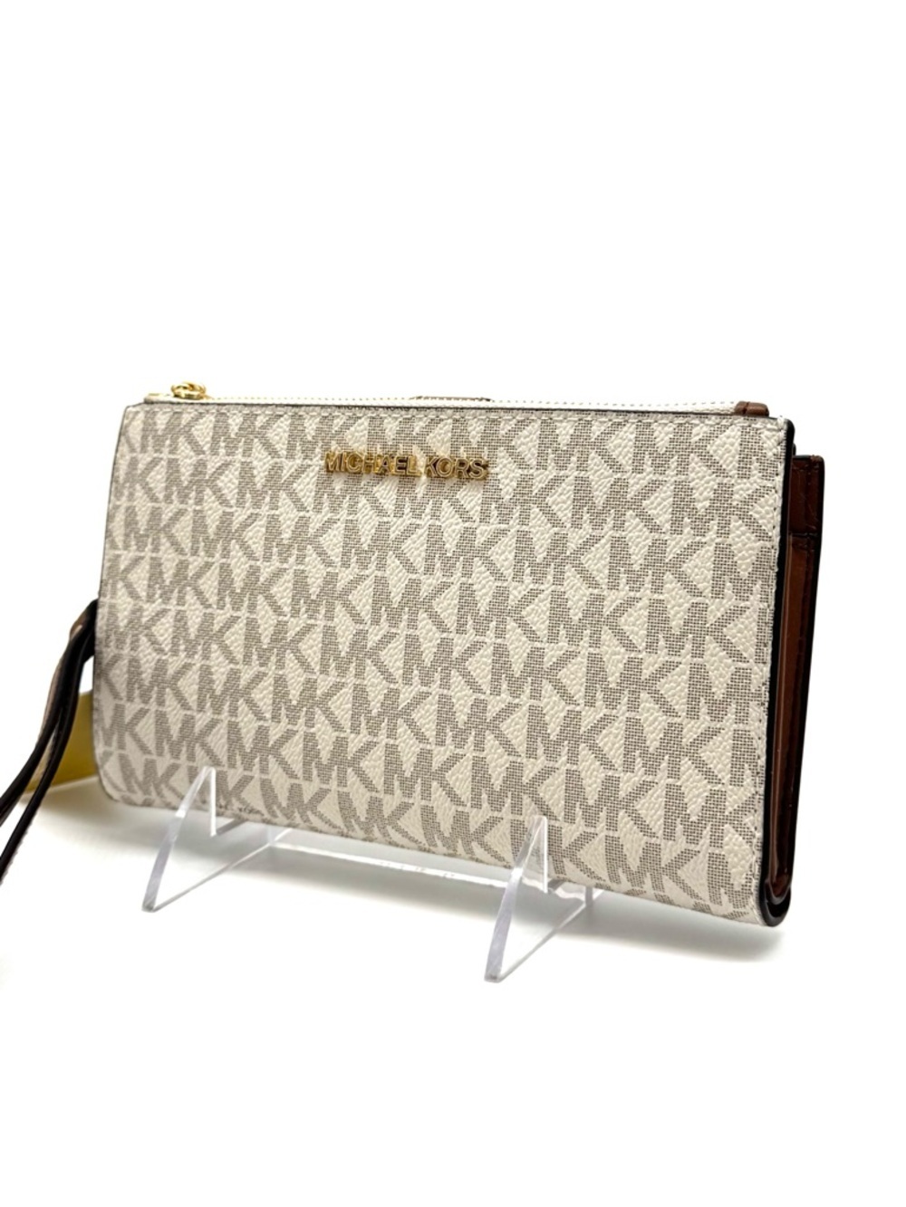 Michael Kors Large Double Zip Wallet Wristlet Vanilla/Brown - Picture 2 of 9